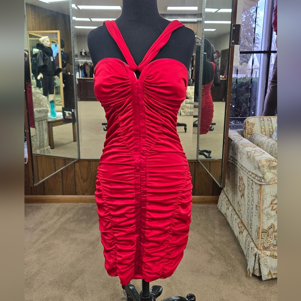 bebe Red Satin Ruched Bodycon Dress